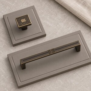 Green Patina Furniture Handle, Asian Geometric Wardrobe Grip or Single Hole Knob, Dark Brass Cupboard Accent