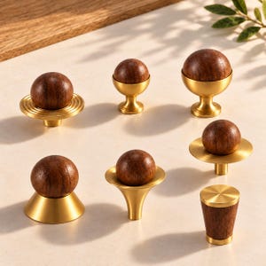 Walnut Cabinet Knobs with Gold Tone Details, Six Designs for Kitchen Cabinets, Dressers and Wardrobes