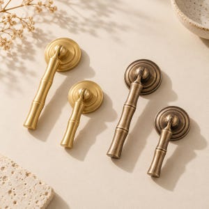May include: Four metal drawer pulls with a bamboo-inspired design and a circular backplate. Two pulls feature a bright gold finish, while the other two have a darker, antique bronze finish. Each pull consists of a hinged handle.