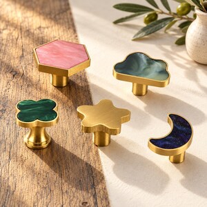 Decorative Cabinet Knobs in Gold Tone, Cloud, Crescent Moon, Clover, Hexagon and Star Drawer Knobs