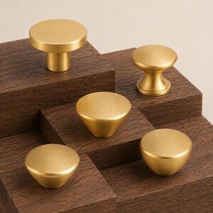 Golden Dresser Accent, Round Furniture Grip, Solid Brass Cupboard Update, Five Shapes for Vanity or Wardrobe