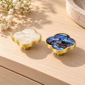 Quatrefoil Cabinet Knobs, Gold Tone Frames with White Pearl or Blue Green Finish, 35 mm Decorative Drawer Hardware