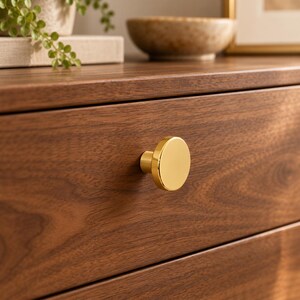 May include: A polished gold-toned circular cabinet knob with a smooth, reflective surface attached to a dark brown wooden drawer front. The knob features a simple, flat, round face and a cylindrical base, providing a clean, metallic accent.