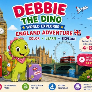 Könnte beinhalten: Ein digitales Aktivitätsbuch-Cover mit dem Titel Debbie the Dino World Explorer England Adventure, das einen grünen Dinosaurier mit Rucksack und Koffer zeigt. Der Hintergrund zeigt Big Ben, das London Eye und einen roten Bus. Text: Color Learn Explore.