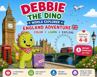 Debbie de Dino Kleurboek voor Kinderen | Reisactiviteiten Engeland | Educatieve Kleurplaten | Reisavontuur voor Kinderen | Printbaar PDF