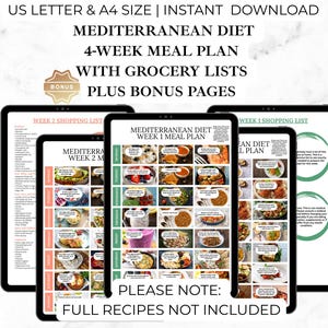 Mediterranean Diet Guide | 4-Week Meal Plan with Grocery Lists | Breakfast Lunch Dinner | Heart Healthy PDF