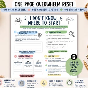 Könnte beinhalten: Ein weißes, druckbares Arbeitsblatt mit dem Titel I Don't Know Where To Start, das Abschnitte zur Aufgabenreduzierung, Aktionswahl und Stressbewältigung enthält. Das Dokument umfasst Textaufforderungen, Kontrollkästchen und Symbole sowie einen grünen Kreis mit dem Hinweis auf A4- und US-Letter-PDF- und PNG-Formate.
