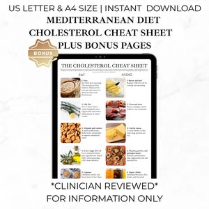 Mediterranean Diet Cholesterol Cheat Sheet | Low Cholesterol Food List | Fridge Chart Printable PDF