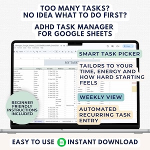 ADHD Task Manager Google Sheets Planner, ADHD Digital Planner, Task Tracker Spreadsheet, To Do List for Overwhelm