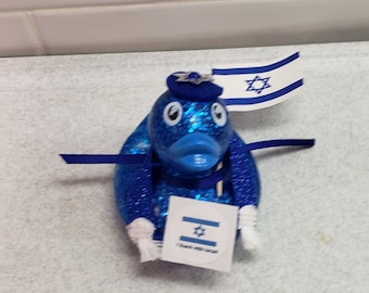 I Stand With Israel Blue Rubber Ducky Duckie Decorated with Israeli Flag and Tallit Jewish Holidays