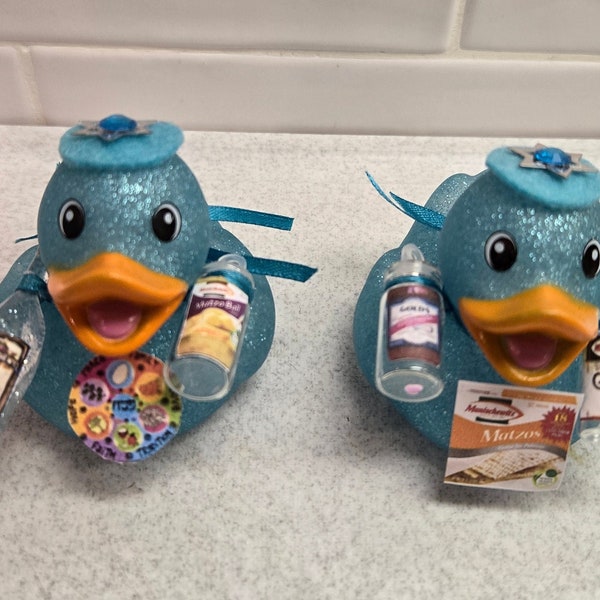 Passover Aqua Blue Rubber Duckie Ducks Embellished with Manischewitz Wine Bottle Matzah Ball Soup, and Box of Matzah Set