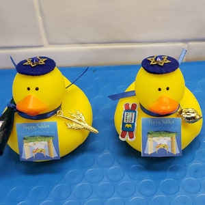 Happy Sukkot Yellow Rubber Duckies Embellished with Lulov and Etrog Charms, Kippot, Wine Bottle, and Torahfor Jewish Holidays