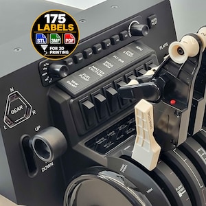 May include: A black flight simulator throttle quadrant featuring various switches, levers, and knobs. The unit includes labels for gear, flaps, and speed brake. A circular graphic indicates 175 labels for 3D printing in STL, 3MF, and PDF formats.