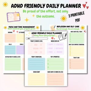 Peut inclure: Ensemble de trois pages PDF imprimables ADHD Friendly Daily Planner avec des sections colorées pour la gestion du temps, la réflexion et les soins personnels. Les pages incluent des textes comme Today's Energy Level, Mood Check In et Top 3 Priorities avec des cases à cocher et des lignes.