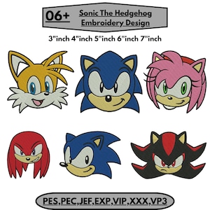 May include: A digital embroidery design set featuring six Sonic the Hedgehog character heads including Tails, Sonic, Amy, Knuckles, and Shadow. The text reads 06+ Sonic The Hedgehog Embroidery Design, 3 inch 4 inch 5 inch 6 inch 7 inch, and PES, PEC, JEF, EXP, VIP, XXX, VP3.
