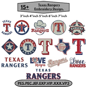 Può includere: Una collezione di oltre 15 ricami Texas Rangers in rosso, bianco e blu. I file digitali includono vari loghi, testi e grafiche a tema baseball nelle dimensioni di 7,6, 10,2, 12,7, 15,2 e 17,8 cm, compatibili con i formati PES, PEC, JEF, EXP, VIP, XXX e VP3.