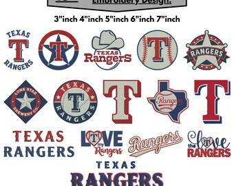 Diseño de bordado a máquina de béisbol de los Texas Rangers, bordado de escritura de béisbol, bordado de béisbol vintage, bordado de deportes occidentales, Pes 5+Size