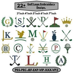 May include: A collection of 22+ golf-themed embroidery designs featuring letters, golf clubs, balls, flags, and crowns in various colors. The text reads 22+ Golf Logo Embroidery Design, 3 inch 4 inch 5 inch 6 inch 7 inch, and PES, PEC, JEF, EXP, VIP, XXX, VP3.