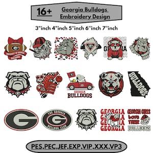 May include: A collection of 16+ Georgia Bulldogs embroidery designs in 3, 4, 5, 6, and 7 inch sizes. The graphics feature bulldogs, footballs, and text including Georgia Bulldogs, Georgia Girls Love Their Bulldogs, and The Georgia Bulldog Club.