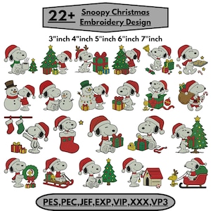 Puede incluir: Una colección de más de 22 diseños de bordado navideño de Snoopy con el personaje en varias escenas festivas con árboles, regalos, muñecos de nieve y calcetines. El texto incluye 22+ Snoopy Christmas Embroidery Design, 3 inch 4 inch 5 inch 6 inch 7 inch, y PES, PEC, JEF, EXP, VIP, XXX, VP3.