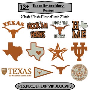 Könnte beinhalten: Eine Sammlung von über 13 Stickmustern zum Thema Texas in Orange und Grau, mit Longhorn-Silhouetten, der Form des Bundesstaates Texas und Texten wie 'TEXAS', 'HOOK 'EM HORNS' und 'HOME'. Größenangaben: 3, 4, 5, 6 und 7 Zoll.