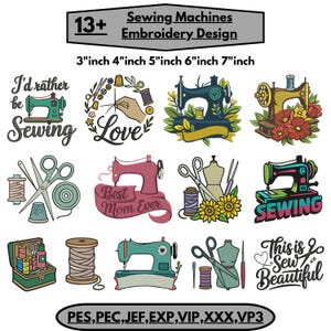 Può includere: Una collezione di oltre 13 disegni da ricamo con macchine da cucire in dimensioni da 3, 4, 5, 6 e 7 pollici. I file digitali includono illustrazioni di macchine da cucire, forbici, rocchetti, ditali e testi come I'd rather be Sewing.