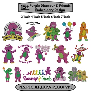 May include: A digital collection of 15+ purple dinosaur and friends embroidery designs in 3, 4, 5, 6, and 7 inch sizes. The set includes various character poses, text like 'Birthday Girl' and 'birthday vibes only', and file formats PES, PEC, JEF, EXP, VIP, XXX, VP3.