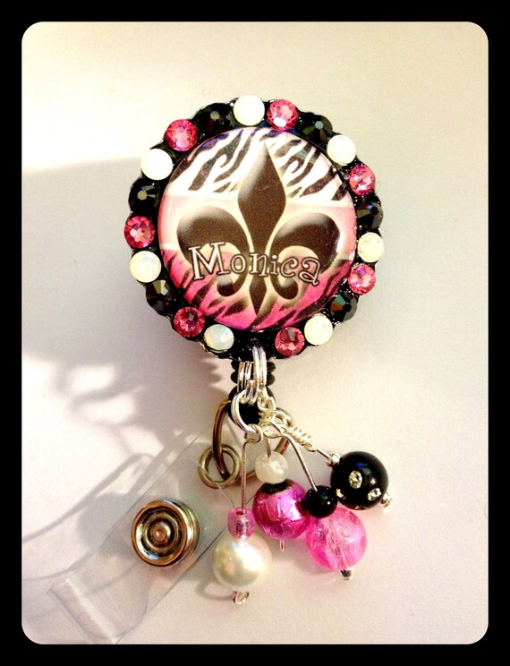 Items similar to Fleur De Lis Swarovski Crystal ID Badge Reel with Pink