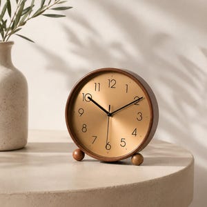 Può includere: Un orologio da tavolo rotondo con cornice in legno scuro e quadrante color oro metallizzato. L'orologio presenta lancette nere per ore e minuti, una sottile lancetta dei secondi nera e numeri neri da uno a dodici sul quadrante.