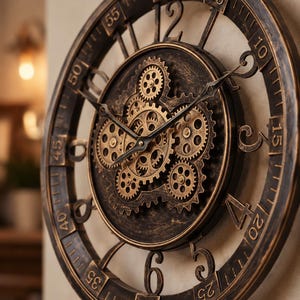 May include: A round wall clock with a dark bronze finish featuring an open gear mechanism in the center. The clock face displays large Arabic numerals for the hours and smaller increments for the minutes, with thin black metal hands.