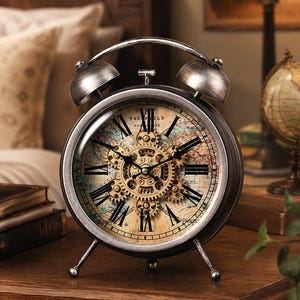 May include: A round, silver-toned metal alarm clock with a vintage-style world map face. The clock features black Roman numerals, exposed gold-colored mechanical gears in the center, and two bells on top with a small handle and three thin legs.