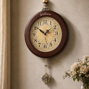 May include: A round wall clock with a dark wood frame and a cream-colored face featuring black Arabic numerals. The name William is printed at the top. It includes black hands, a decorative gold-toned finial at the top, and a hanging pendulum.