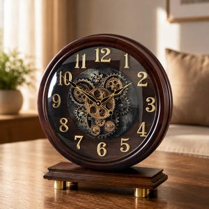 Può includere: Un orologio da tavolo rotondo con cornice e base in legno scuro, dotato di quadrante in vetro, numeri arabi dorati e lancette nere. Il centro mostra un meccanismo a ingranaggi a vista in tonalità oro e grigio scuro.