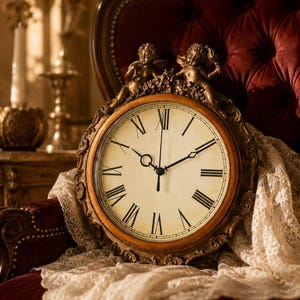 Puede incluir: Un reloj de pared redondo con esfera clara y números romanos negros. El marco es ornamentado, con un acabado en oro oscuro y dos figuras de querubines esculpidas en la parte superior. El reloj tiene tres manecillas negras y un borde interior de madera.