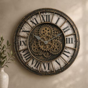 Peut inclure: Une horloge murale ronde avec un cadre en bronze vieilli et un cadran crème orné de chiffres romains noirs. Le centre présente un agencement complexe d'engrenages dorés imbriqués et apparents, ainsi que deux aiguilles grises simples.