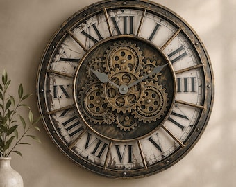 Vintage Industrial Wall Clock, Steampunk Gear Clock, Antique Roman NumeralClock, Retro Metal Wall Art, Glass Face Silent Sweep Movement