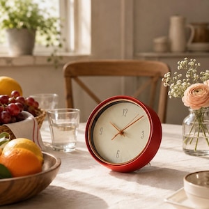 May include: A round table clock with a matte red frame and a cream-coloured face. The clock features thin, dark hands and black numerals at the 3, 6, 9, and 12 o'clock positions. The design is simple, with a clean, circular profile and a glass cover.