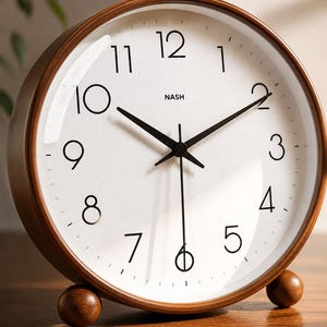 Puede incluir: Un reloj de mesa analógico redondo con marco de madera marrón y dos pequeños pies esféricos. La esfera es blanca con números arábigos negros del 1 al 12, manecillas negras para horas, minutos y segundos, y la palabra NASH impresa en negro.