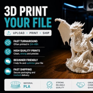 以下が含まれることがあります： 翼を広げた質感のある鱗を持つ白い3Dプリントのドラゴンフィギュア。画像には次のテキストが含まれています：3D PRINT YOUR FILE, UPLOAD, PRINT, SHIP, FAST TURNAROUND, HIGH QUALITY PRINTS, BEGINNER FRIENDLY, FAST SHIPPING, MATERIAL PLA, STRONG RELIABLE QUALITY。