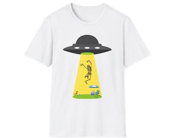 Happy Skeleton Being Abducted T-Shirt | Alien Abduction Skeleton Tee