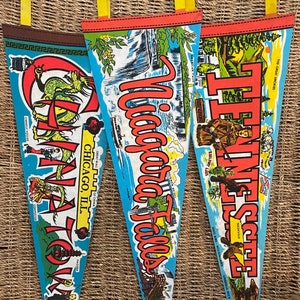 Three vtg retro large colorful felt Souvenir Travel Pennants.  Niagara Falls, Tennessee, and Chicago’s Chinatown. Kitchy, campy + colorful!