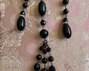 Vintage Giorgio Armani Black Beaded Rhinestone Drop Necklace – Statement Designer Jewelry