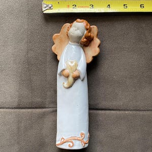 Terra Cotta Angel figurine with white glazed dress. Vintage handmade Italian sculpture