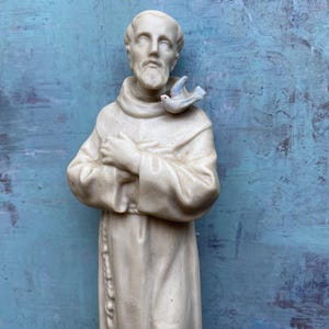 Vintage St. Francis Statue: 8&quot; Plaster Figurine with Blue Bird