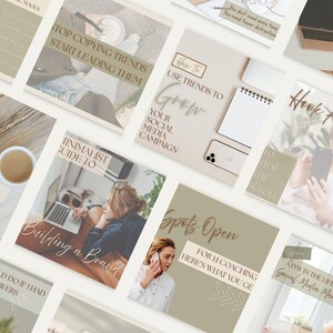 May include: A collection of square social media templates featuring a neutral color palette of beige, cream, and soft green. The designs include various text overlays such as Stop Copying Trends, How To Use Trends To Grow, and Hook Formulas.