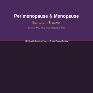 Könnte beinhalten: Ein digitales Dokument mit dem Titel Perimenopause & Menopause Symptom Tracker auf violettem Hintergrund. Es enthält Abschnitte für Symptome, Stimmung, Schlaf, Ernährung, Temperatur und Notizen sowie 10 druckbare Seiten zur monatlichen Nutzung.