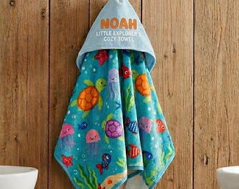 Sea Turtle Pattern Youth Hooded Towel | Ocean Animals, Kids Beach Towel