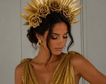 Luxus Gold Rose Krone, Braut Kopfschmuck, Statement Tiara, Floral Haarschmuck, Göttin Kopfschmuck