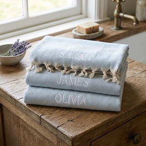 Op de afbeelding: Een stapel van drie lichtblauwe katoenen handdoeken met witte franjes. Elke handdoek is geborduurd met een naam in wit garen: Sarah bovenaan, James in het midden en Olivia onderaan. De handdoeken hebben een subtiele geweven textuur.