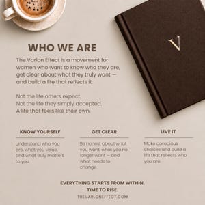 May include: A dark brown journal with a gold letter V on the cover, positioned next to a cup of coffee. The text reads: WHO WE ARE, The Varlon Effect is a movement for women who want to know who they are, GET CLEAR, LIVE IT, EVERYTHING STARTS FROM WITHIN.